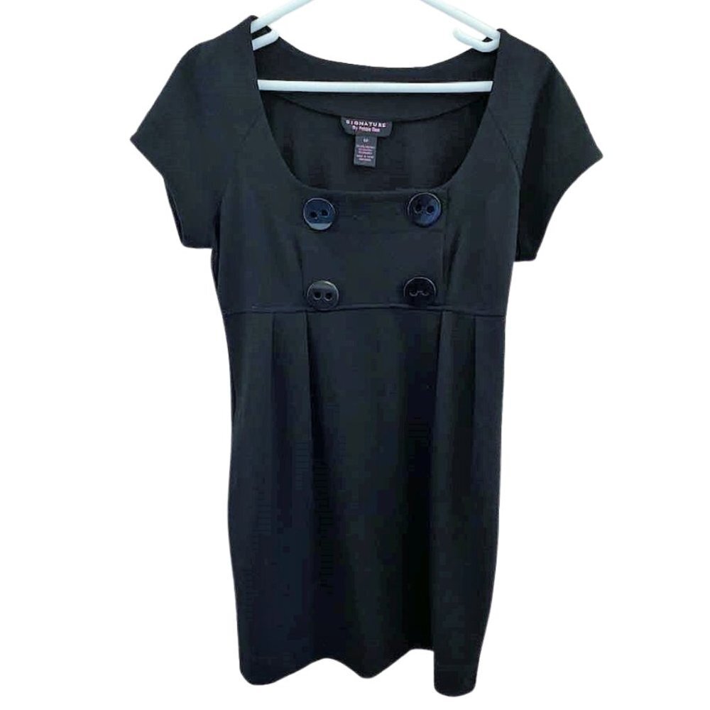 Signature Robbie Bee Petite Cap Sleeve Button Design Black Mini Dress